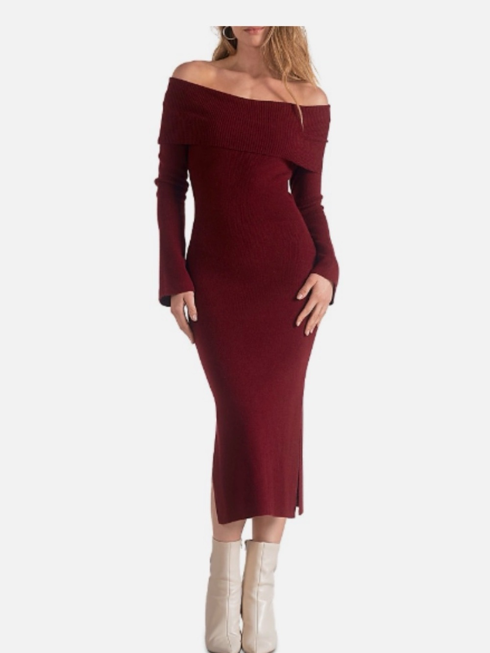 Elan Off-Shoulder Wine Knit Midi Dress